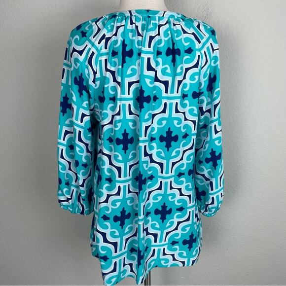 Annie Griffin Navy Green White Silk Long Sleeve Pop Over Top Medium - Picture 6 of 10